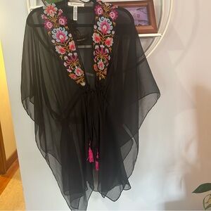 BCBGeneration Women's One Size Black Embroidered Tie Mesh Kimono Sheer Cover Up